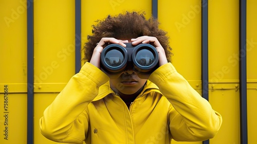Kid with binoculars. Travel and adventure concept. Eager eyes peer through binoculars, seeking new experiences and unforgettable memories. © Liaisan