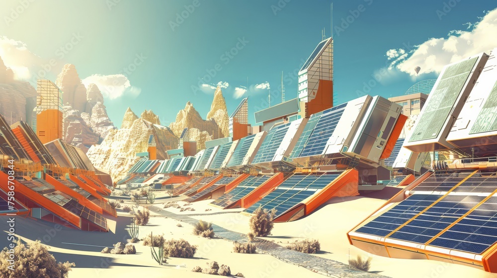 Desert city with solar panels futuristic architecture midday vibrant sharp colors