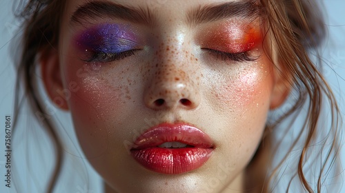 Close-up of beautiful woman s face with colorful makeup  eyes closed.