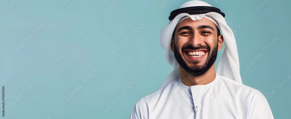 Portrait Close up of Arabian man wearing traditional white kandura and black agal, isolated on blue background. front view, Headshot, half body, copy space. Ramadan concept. Portrait Close up of Arabian man wearing traditional white kandura and black agal, isolated on blue background. front view, Headshot, half body, copy space. Ramadan concept.