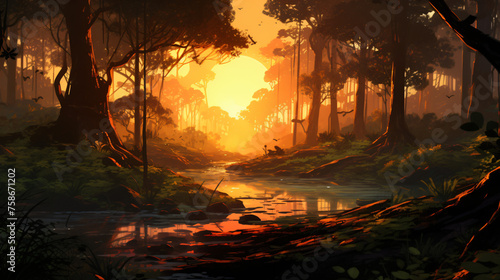 Forest at the sunrise oil paints illustration design art