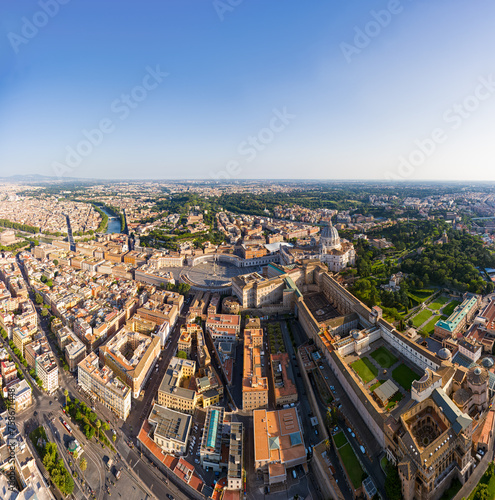 Rome, Italy. St. Peter's Cathedral - Basilica di San Pietro. Panorama of the city on a summer morning. Sunny weather. Aerial view