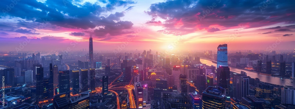 Fototapeta premium Futuristic city skyline at dusk neon lights wide lens vibrant colors drone view