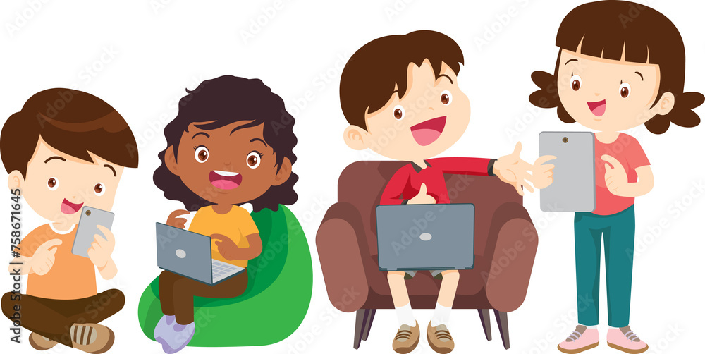 E-Learning concept Students kids Reading and online learning technology with computer laptop smartphone E-Learning concept Students kids Reading and online learning technology with computer laptop smartphone