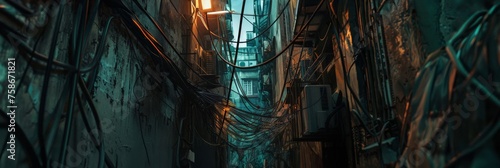 Futuristic slum tangled wires dim street lights claustrophobic alleyway shot