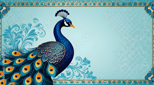 vintage dark blue background with ornament peacock. peacock feather background. greeting card. invitation card. wedding, festival card mockup. empty copy space for text background. beautiful peacock