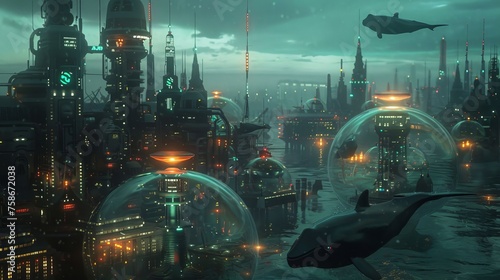 Futuristic submarine city neon lights glass domes whales swimming above dusk lighting