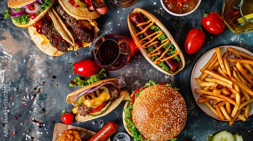 Wallpaper Mural Unhealthy fast food with sauces on wooden table. Top view of various fast foods on the table.	 National fast food day background concept. Torontodigital.ca