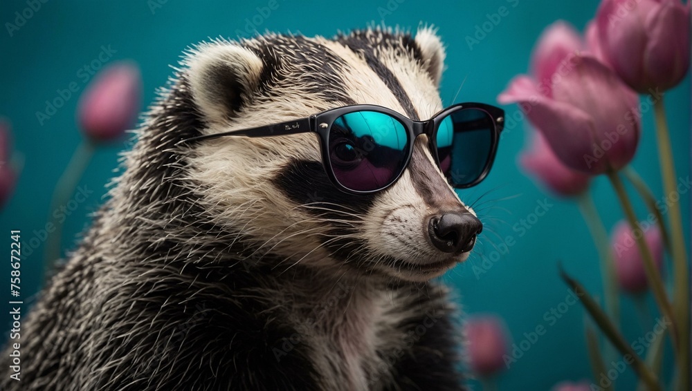 A humorous portrait of a badger wearing stylish sunglasses with a vibrant emerald backdrop and pink tulips A humorous portrait of a badger wearing stylish sunglasses with a vibrant emerald backdrop and pink tulips