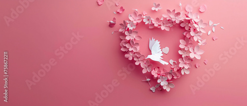 A heart shaped paper cut out of flowers on a pink background