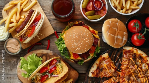 Wallpaper Mural Unhealthy fast food with sauces on wooden table. Top view of various fast foods on the table.	 National fast food day background concept. Torontodigital.ca