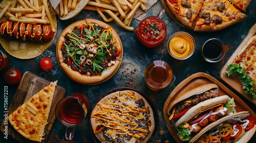 Unhealthy fast food with sauces on wooden table. Top view of various fast foods on the table.	 National fast food day background concept.