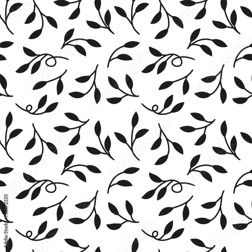 Modern vine leaves black and white lace seamless pattern. Abstract wave background for design of coloring book, fabric, scrapbook, simple motif for wallpaper