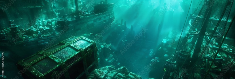 Lost city under the ocean treasure chests sunken ships soft green-blue light mid-shot - obrazy, fototapety, plakaty 