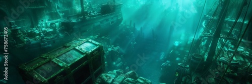 Lost city under the ocean treasure chests sunken ships soft green-blue light mid-shot © arhendrix