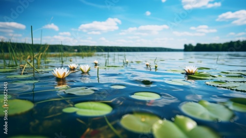 Water lilies on lake surface with sky background © stocksbyrs