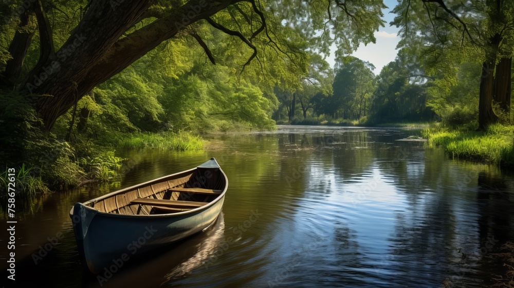 A meandering river with a vintage rowboat a romantic and rustic scene