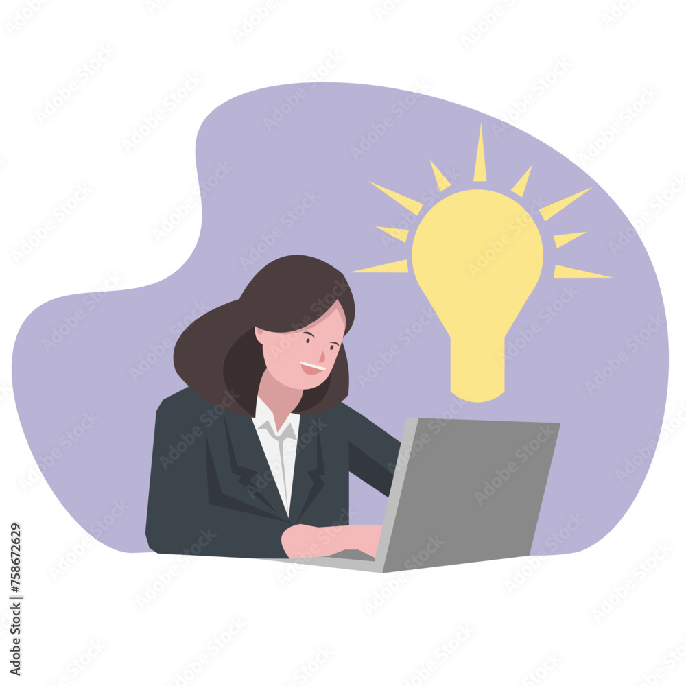 businesswoman is working and coming up with an idea. back view. suitable for business themes. office, suit, laptop. flat vector illustration.