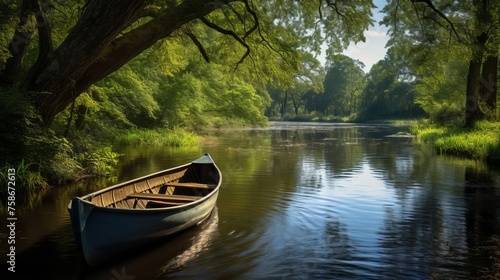 A meandering river with a vintage rowboat a romantic and rustic scene