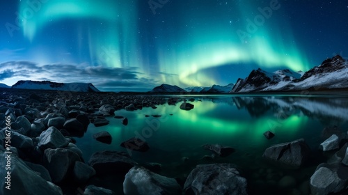 Remote glacial lake with northern lights in scenic view