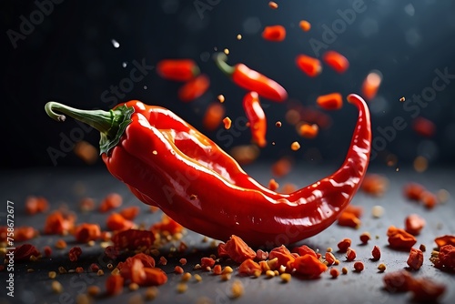 Red hot chili peppers with flying powder on wooden table over dark background
