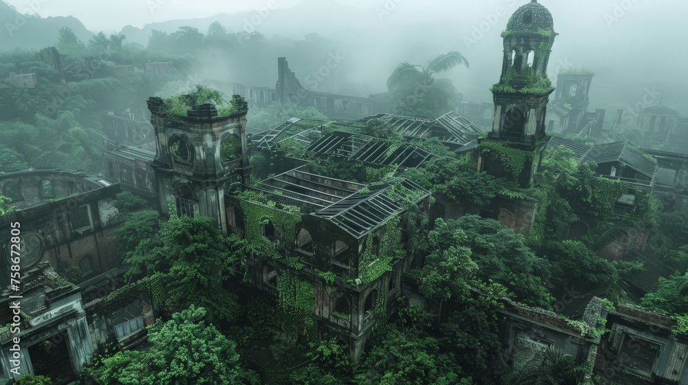 Fototapeta premium Overgrown ruins nature reclaiming a city foggy morning birds-eye view