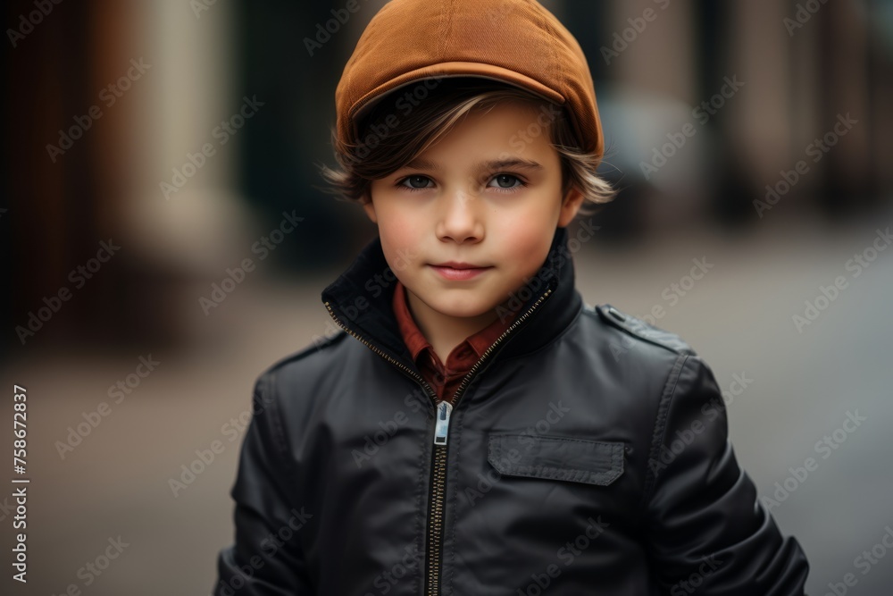 Portrait of a cute little boy in a cap and a leather jacket. Portrait of a cute little boy in a cap and a leather jacket.
