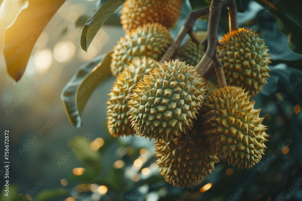 Sunlit Durian Orchard. Durian fruits basking in the golden sunlight among lush trees Sunlit Durian Orchard. Durian fruits basking in the golden sunlight among lush trees