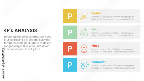 marketing mix 4ps strategy infographic with vertical stack rectangle box description with 4 points for slide presentation