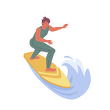 Young guy riding surfboard. Active male character in swimwear surfing ocean wave. Summer, sport recreation, sea leisure hobby