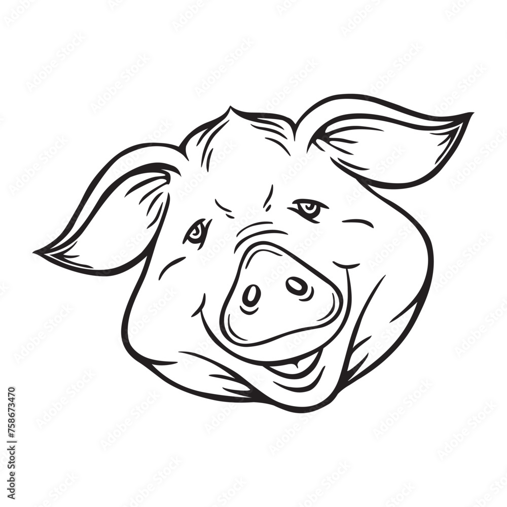 A smile pig face hand drawn. Flat, Poster, Vector, Illustration, Cartoon, EPS10. 