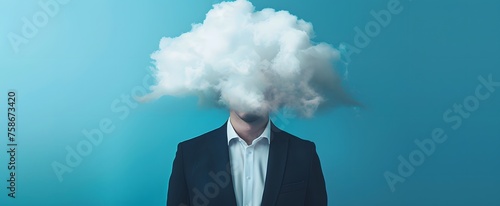 A businessman confusion depression with a cloud on his head. Stress, problem concept.