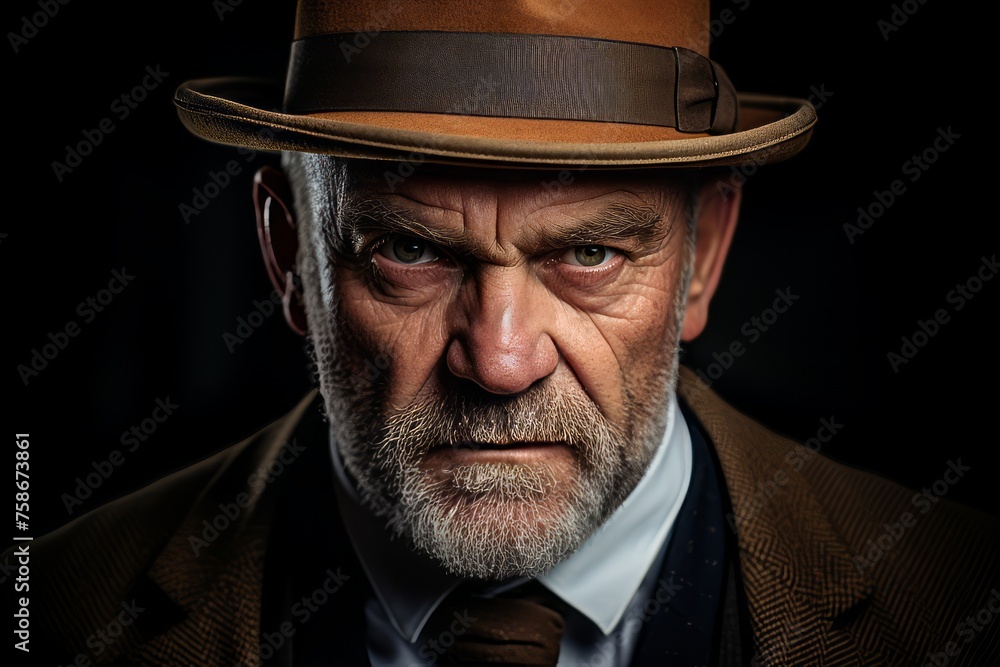 Portrait of an old man with a hat on a black background.