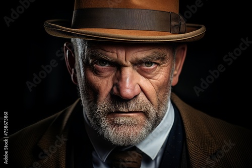 Portrait of an old man with a hat on a black background. © Igor