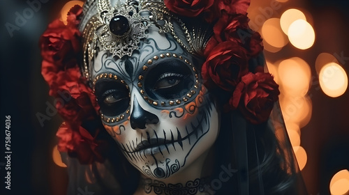 Day of the Dead portrait of a young beautiful woman with a painted skull, gold jewelry on her face and a wreath of red roses on a bokeh background © Anna Iluschenko