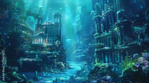 Sunken city with glowing corals turquoise water bubbles fish schools wide-angle view