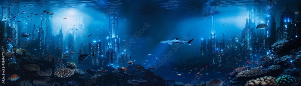 Underwater cityscape bio-luminescent architecture wide lens deep blue hues dawn light - obrazy, fototapety, plakaty 