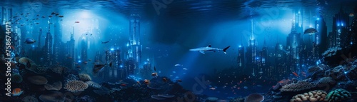 Underwater cityscape bio-luminescent architecture wide lens deep blue hues dawn light