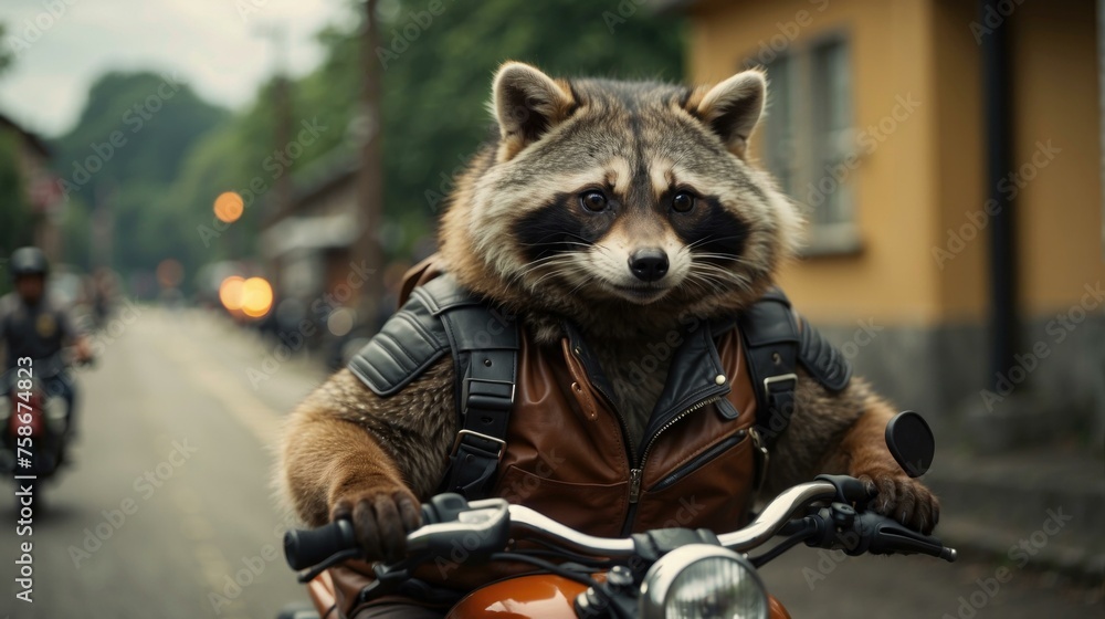 Fototapeta A raccoon riding a motorcycle down a street with other people. Generative AI.