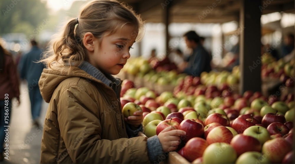 Fototapeta premium A little girl picking apples from a display at a farmers market. Generative AI.