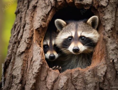 Two raccoons peeking out of a hole in a tree. Generative AI.