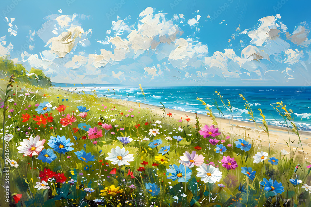 A vibrant impressionistic landscape depicting a summer beach scene with wild flowers, blue sky, and green sea.