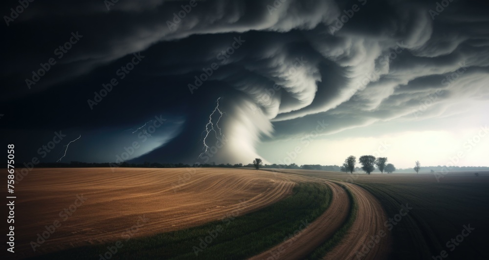 A large storm cloud is seen over a field. Generative AI.