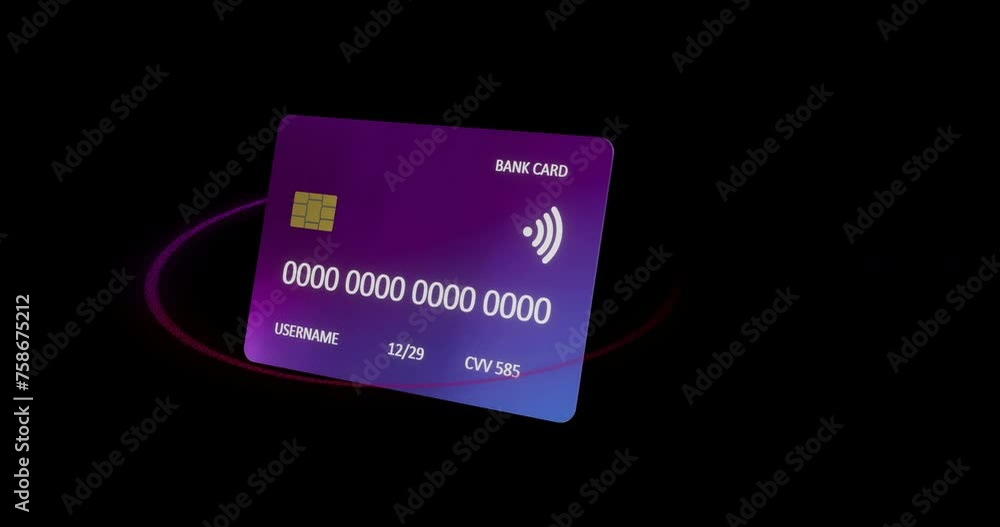 Animation of credit card with data over black background Animation of credit card with data over black background