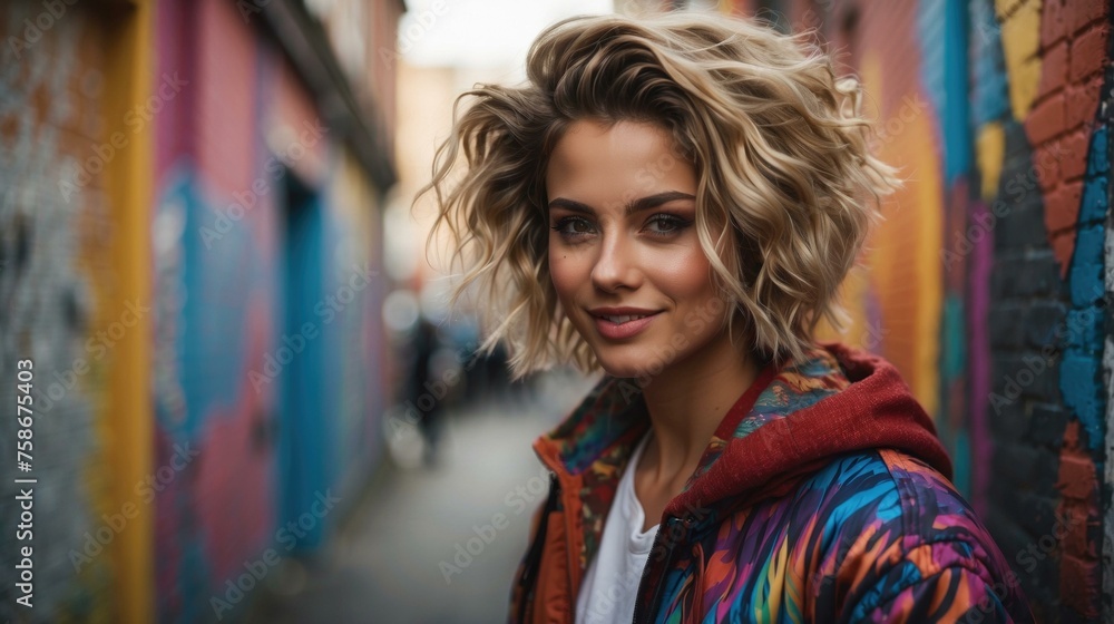 A woman with a colorful jacket standing in front of a wall. Generative AI. A woman with a colorful jacket standing in front of a wall. Generative AI.