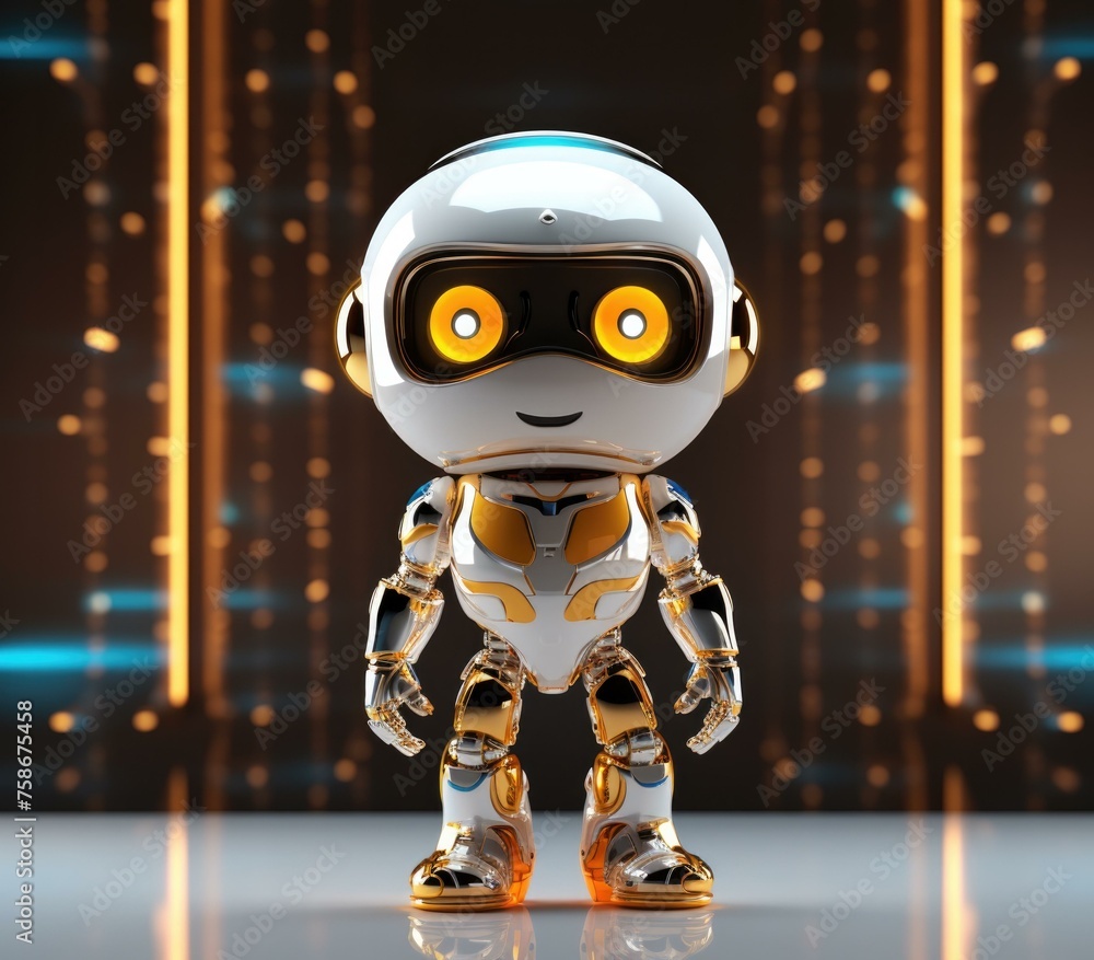 A robot with glowing eyes and a shiny body is standing on a table. Generative AI. A robot with glowing eyes and a shiny body is standing on a table. Generative AI.