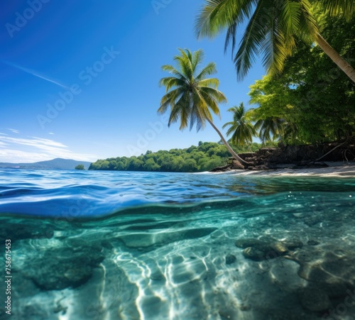 A view of a tropical beach with palm trees and water. Generative AI.