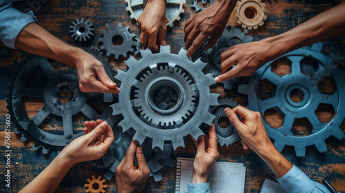 Close-up view of business team collaboratively holding gears over wooden table