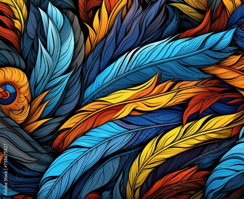 A colorful pattern of feathers in various colors and sizes. Generative AI. © serg3d