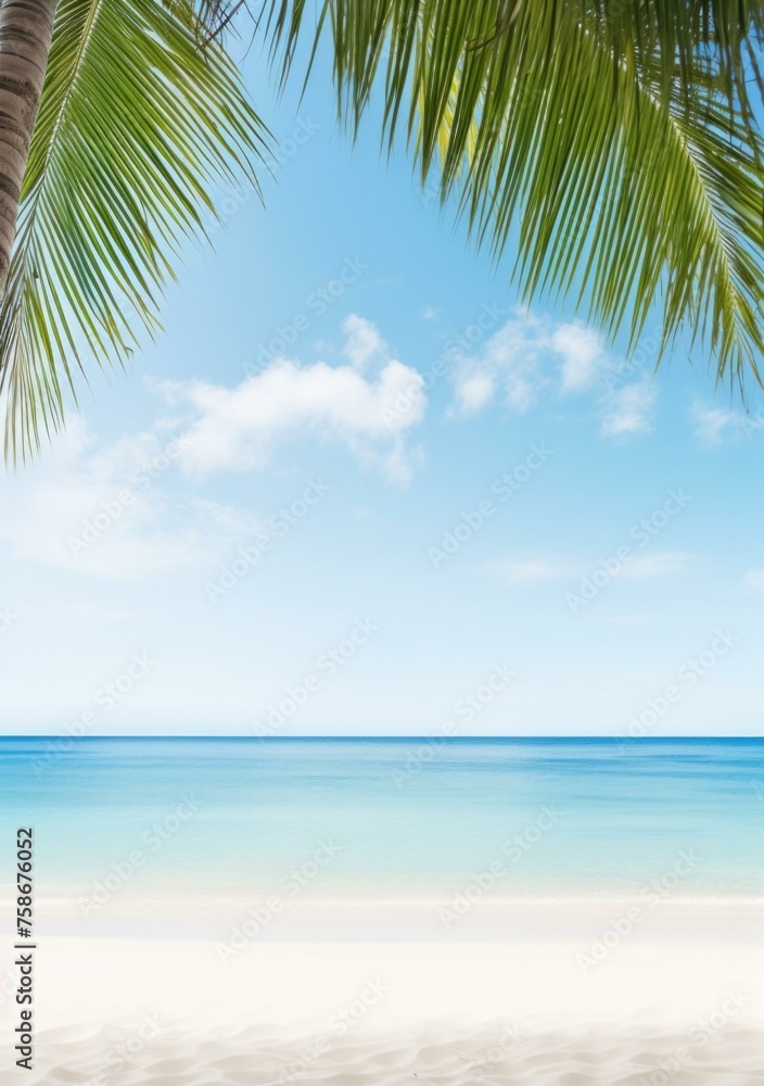 Fototapeta premium A beach scene with palm trees and a blue sky. Generative AI.